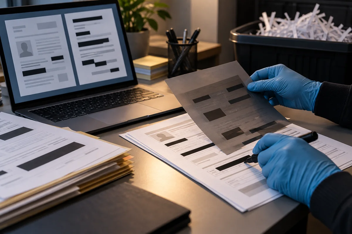 Faceless identity verification intake desk with scanner, case dividers and encrypted media