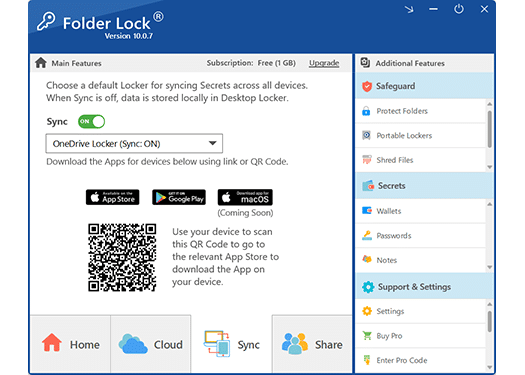 Folder Lock cloud synchronization screen from the official software archive