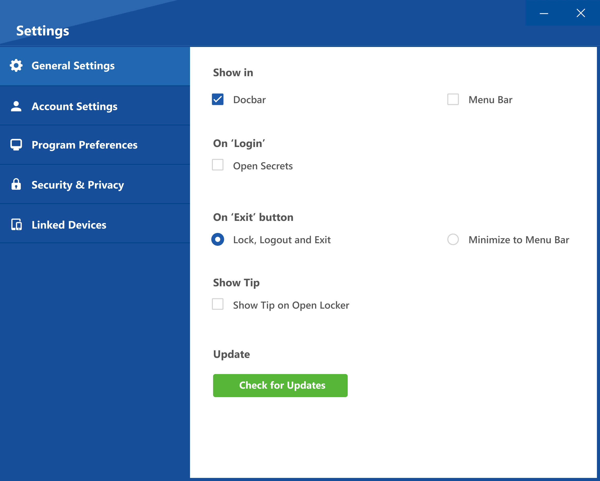 Folder Lock general settings screen from the official software archive