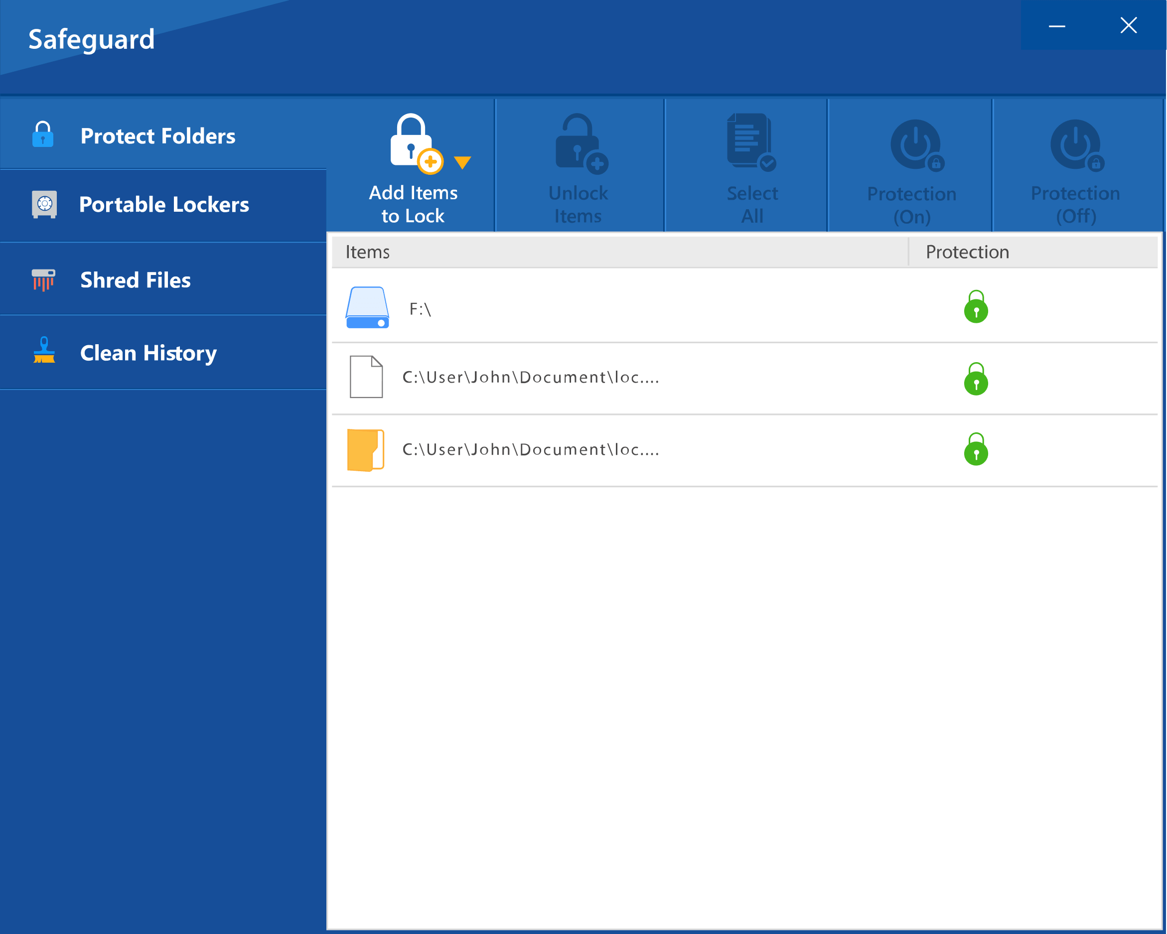 Folder Lock Safeguard and Protect Folders screen from the official software archive